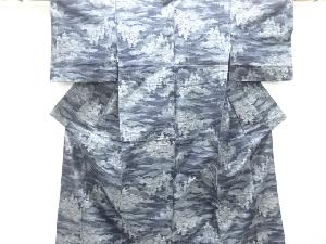 アンティーク　家屋風景模様織り出し十日町紬着物